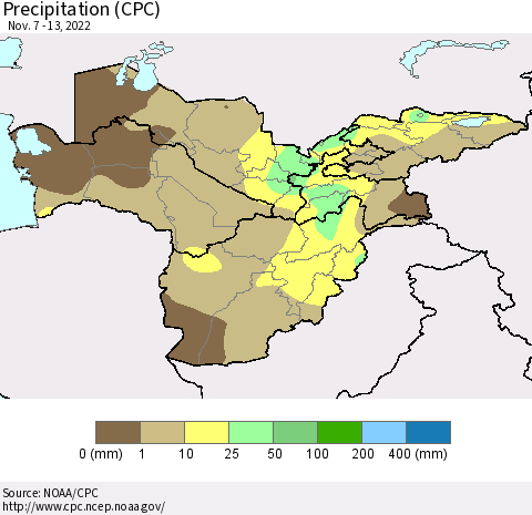 Central Asia Precipitation (CPC) Thematic Map For 11/7/2022 - 11/13/2022