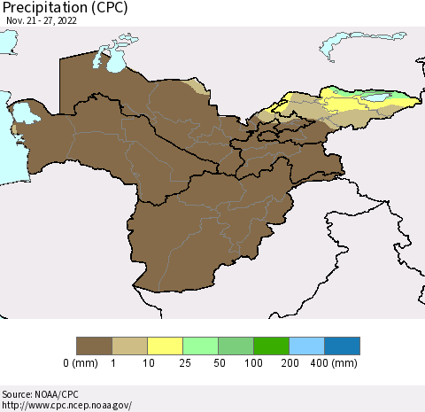 Central Asia Precipitation (CPC) Thematic Map For 11/21/2022 - 11/27/2022