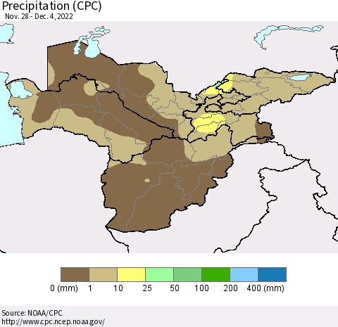 Central Asia Precipitation (CPC) Thematic Map For 11/28/2022 - 12/4/2022