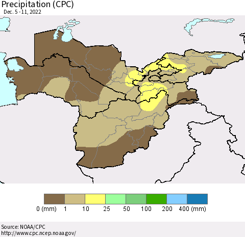 Central Asia Precipitation (CPC) Thematic Map For 12/5/2022 - 12/11/2022