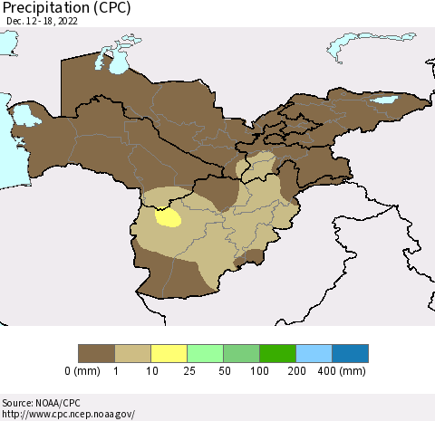 Central Asia Precipitation (CPC) Thematic Map For 12/12/2022 - 12/18/2022