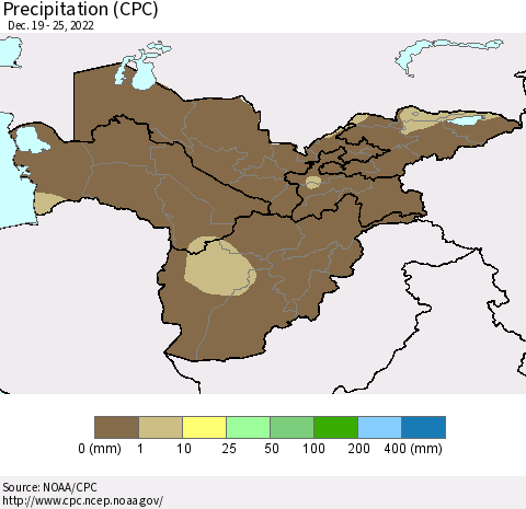 Central Asia Precipitation (CPC) Thematic Map For 12/19/2022 - 12/25/2022