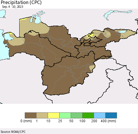 Central Asia Precipitation (CPC) Thematic Map For 9/4/2023 - 9/10/2023