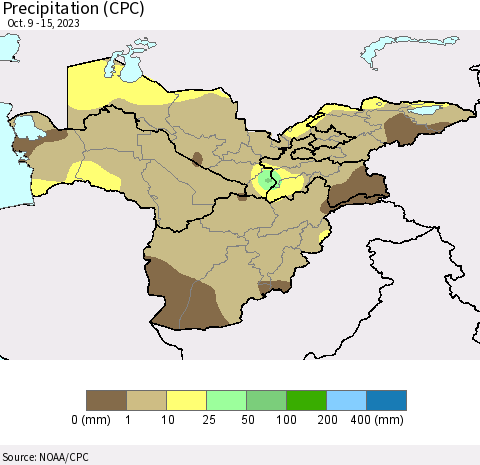 Central Asia Precipitation (CPC) Thematic Map For 10/9/2023 - 10/15/2023