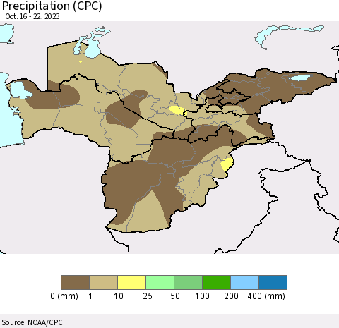 Central Asia Precipitation (CPC) Thematic Map For 10/16/2023 - 10/22/2023