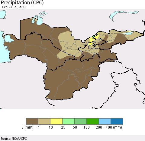 Central Asia Precipitation (CPC) Thematic Map For 10/23/2023 - 10/29/2023