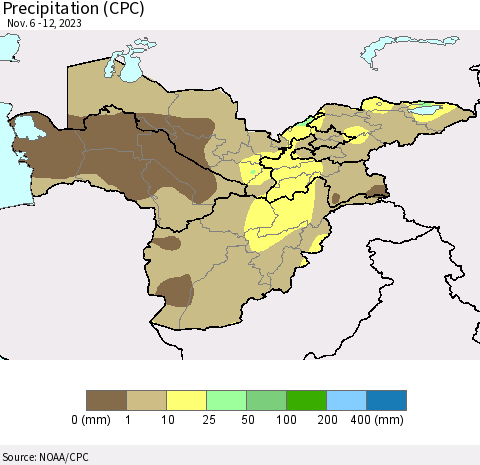 Central Asia Precipitation (CPC) Thematic Map For 11/6/2023 - 11/12/2023