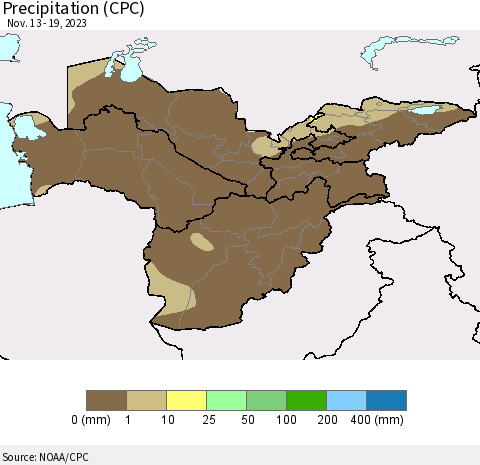 Central Asia Precipitation (CPC) Thematic Map For 11/13/2023 - 11/19/2023
