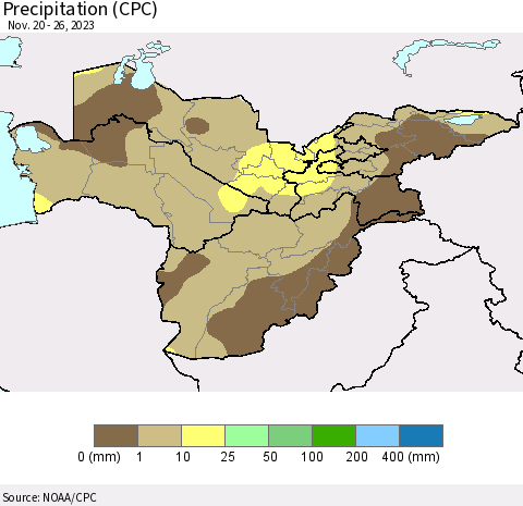 Central Asia Precipitation (CPC) Thematic Map For 11/20/2023 - 11/26/2023