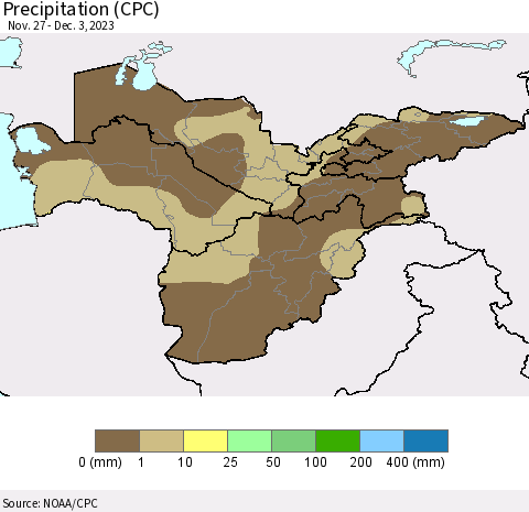 Central Asia Precipitation (CPC) Thematic Map For 11/27/2023 - 12/3/2023