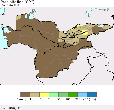 Central Asia Precipitation (CPC) Thematic Map For 12/4/2023 - 12/10/2023