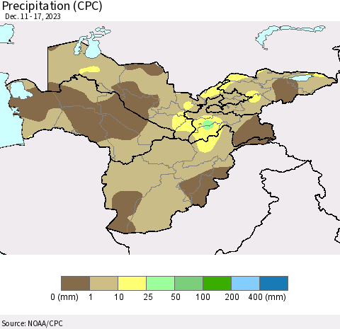 Central Asia Precipitation (CPC) Thematic Map For 12/11/2023 - 12/17/2023