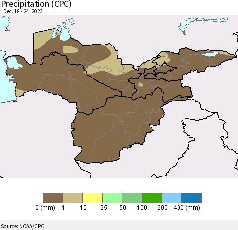 Central Asia Precipitation (CPC) Thematic Map For 12/18/2023 - 12/24/2023