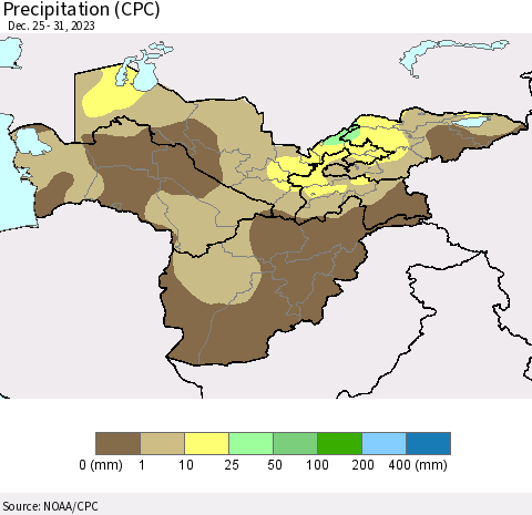 Central Asia Precipitation (CPC) Thematic Map For 12/25/2023 - 12/31/2023