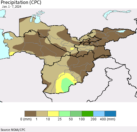 Central Asia Precipitation (CPC) Thematic Map For 1/1/2024 - 1/7/2024