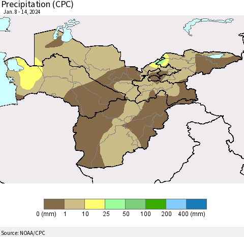 Central Asia Precipitation (CPC) Thematic Map For 1/8/2024 - 1/14/2024