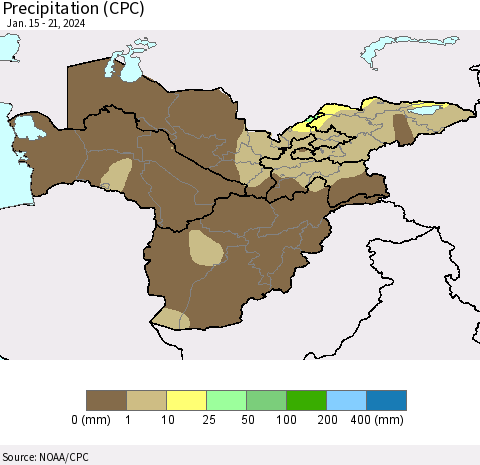 Central Asia Precipitation (CPC) Thematic Map For 1/15/2024 - 1/21/2024