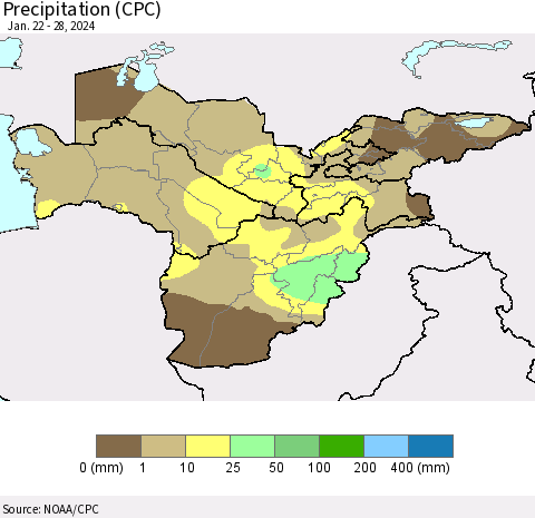 Central Asia Precipitation (CPC) Thematic Map For 1/22/2024 - 1/28/2024