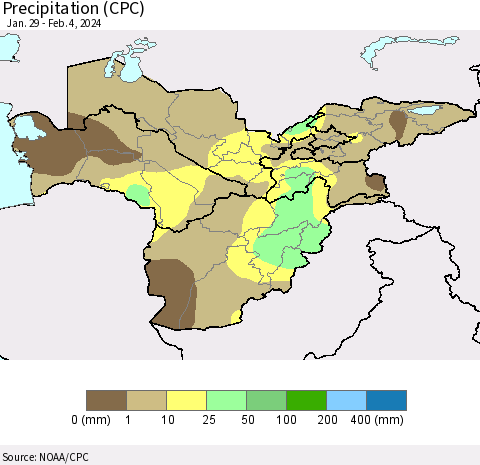 Central Asia Precipitation (CPC) Thematic Map For 1/29/2024 - 2/4/2024