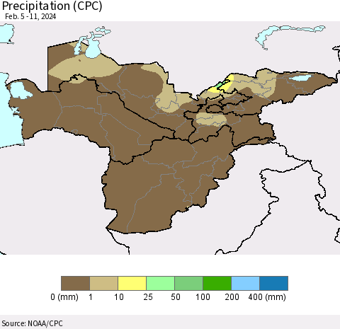 Central Asia Precipitation (CPC) Thematic Map For 2/5/2024 - 2/11/2024