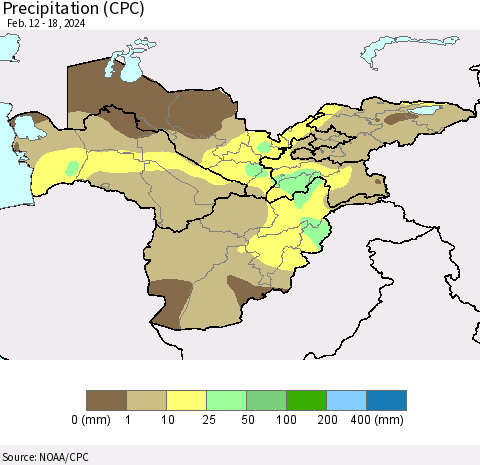 Central Asia Precipitation (CPC) Thematic Map For 2/12/2024 - 2/18/2024