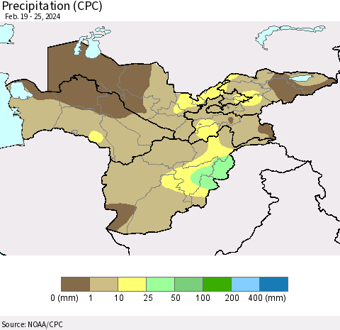 Central Asia Precipitation (CPC) Thematic Map For 2/19/2024 - 2/25/2024