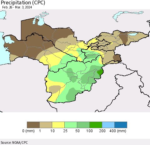 Central Asia Precipitation (CPC) Thematic Map For 2/26/2024 - 3/3/2024