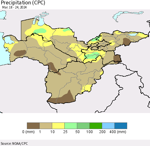 Central Asia Precipitation (CPC) Thematic Map For 3/18/2024 - 3/24/2024
