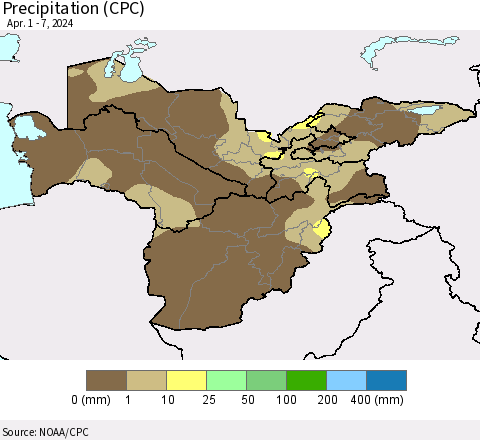 Central Asia Precipitation (CPC) Thematic Map For 4/1/2024 - 4/7/2024