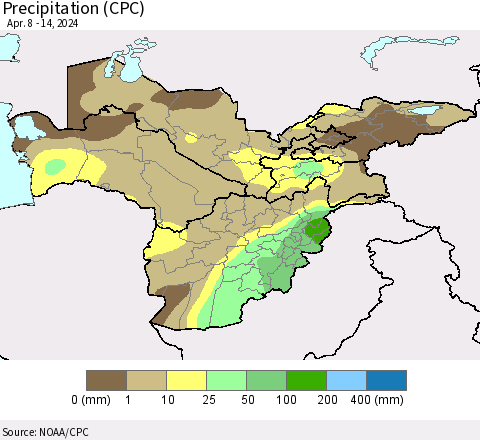 Central Asia Precipitation (CPC) Thematic Map For 4/8/2024 - 4/14/2024