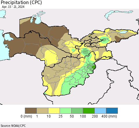 Central Asia Precipitation (CPC) Thematic Map For 4/15/2024 - 4/21/2024