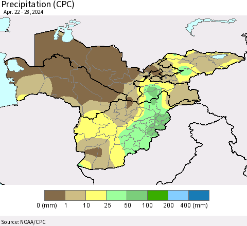 Central Asia Precipitation (CPC) Thematic Map For 4/22/2024 - 4/28/2024