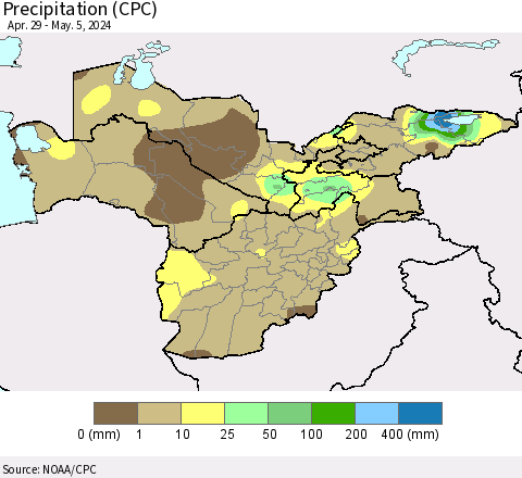 Central Asia Precipitation (CPC) Thematic Map For 4/29/2024 - 5/5/2024