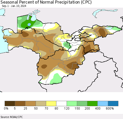 Central Asia Seasonal Percent of Normal Precipitation (CPC) Thematic Map For 9/1/2023 - 1/10/2024