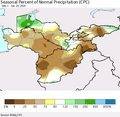 Central Asia Seasonal Percent of Normal Precipitation (CPC) Thematic Map For 9/1/2023 - 1/20/2024