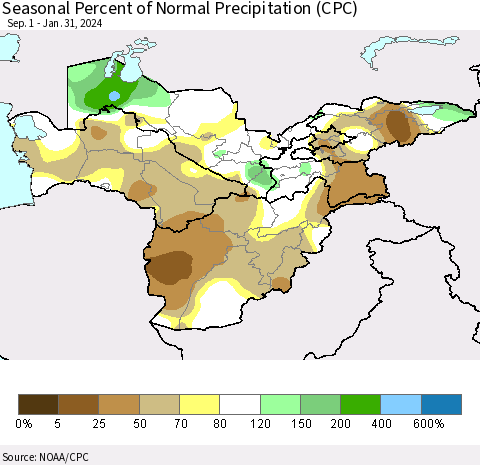 Central Asia Seasonal Percent of Normal Precipitation (CPC) Thematic Map For 9/1/2023 - 1/31/2024