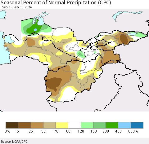 Central Asia Seasonal Percent of Normal Precipitation (CPC) Thematic Map For 9/1/2023 - 2/10/2024