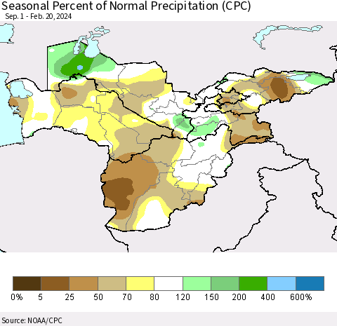 Central Asia Seasonal Percent of Normal Precipitation (CPC) Thematic Map For 9/1/2023 - 2/20/2024