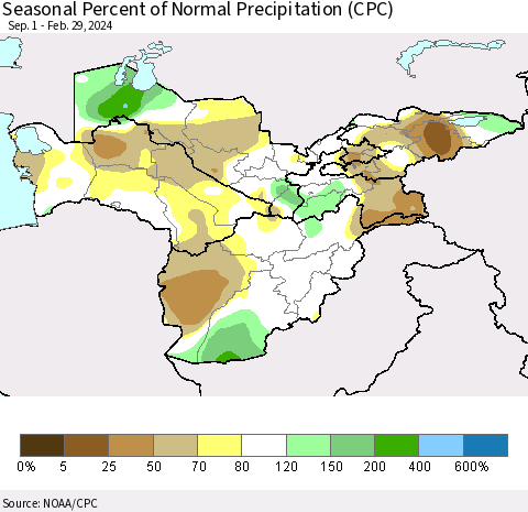 Central Asia Seasonal Percent of Normal Precipitation (CPC) Thematic Map For 9/1/2023 - 2/29/2024