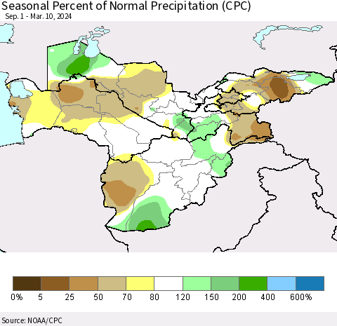 Central Asia Seasonal Percent of Normal Precipitation (CPC) Thematic Map For 9/1/2023 - 3/10/2024