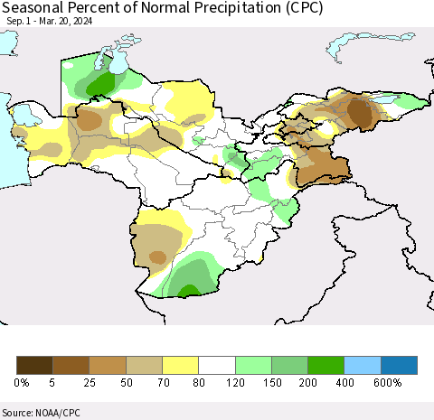Central Asia Seasonal Percent of Normal Precipitation (CPC) Thematic Map For 9/1/2023 - 3/20/2024