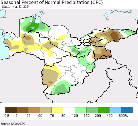 Central Asia Seasonal Percent of Normal Precipitation (CPC) Thematic Map For 9/1/2023 - 3/31/2024