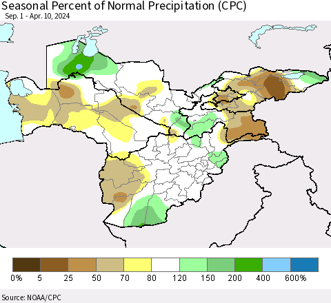 Central Asia Seasonal Percent of Normal Precipitation (CPC) Thematic Map For 9/1/2023 - 4/10/2024