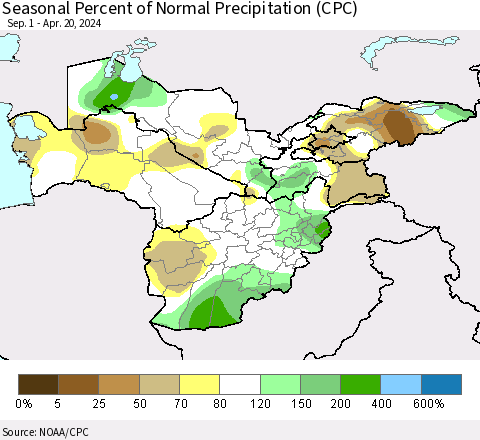 Central Asia Seasonal Percent of Normal Precipitation (CPC) Thematic Map For 9/1/2023 - 4/20/2024