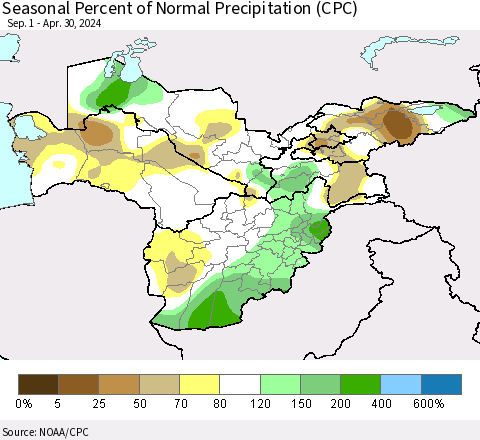 Central Asia Seasonal Percent of Normal Precipitation (CPC) Thematic Map For 9/1/2023 - 4/30/2024