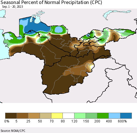 Central Asia Seasonal Percent of Normal Precipitation (CPC) Thematic Map For 9/1/2023 - 9/20/2023