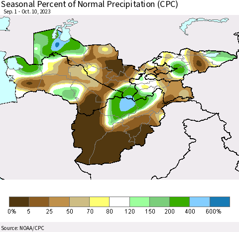 Central Asia Seasonal Percent of Normal Precipitation (CPC) Thematic Map For 9/1/2023 - 10/10/2023