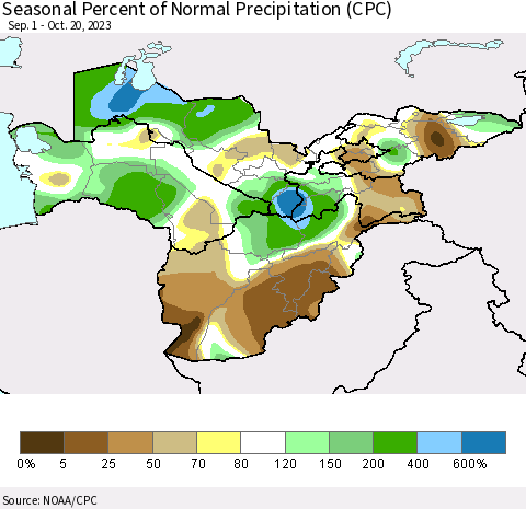 Central Asia Seasonal Percent of Normal Precipitation (CPC) Thematic Map For 9/1/2023 - 10/20/2023