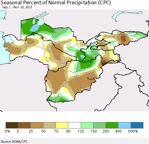 Central Asia Seasonal Percent of Normal Precipitation (CPC) Thematic Map For 9/1/2023 - 11/10/2023