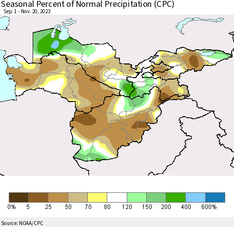 Central Asia Seasonal Percent of Normal Precipitation (CPC) Thematic Map For 9/1/2023 - 11/20/2023